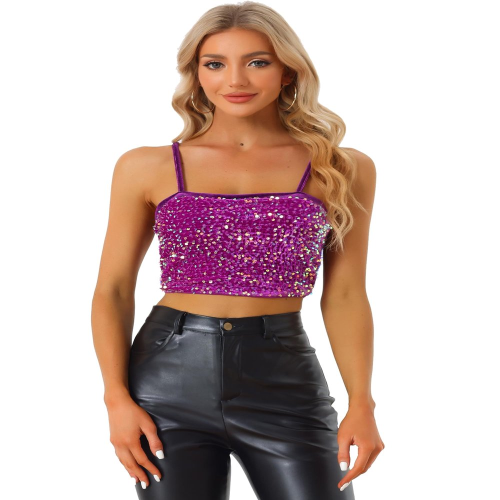 Allegra K Sequined Cami Top for Women's Velvet Spaghetti Strap Club Party Crop Tank Tops Small Purple