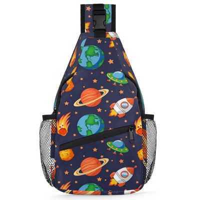 bisibuy Cartoon Space Earth Rocket Star Sling Bag for Women Men Crossbody Sling Backpack Shoulder Bag Chest Bag Daypack for Travel Hiking Outdoor