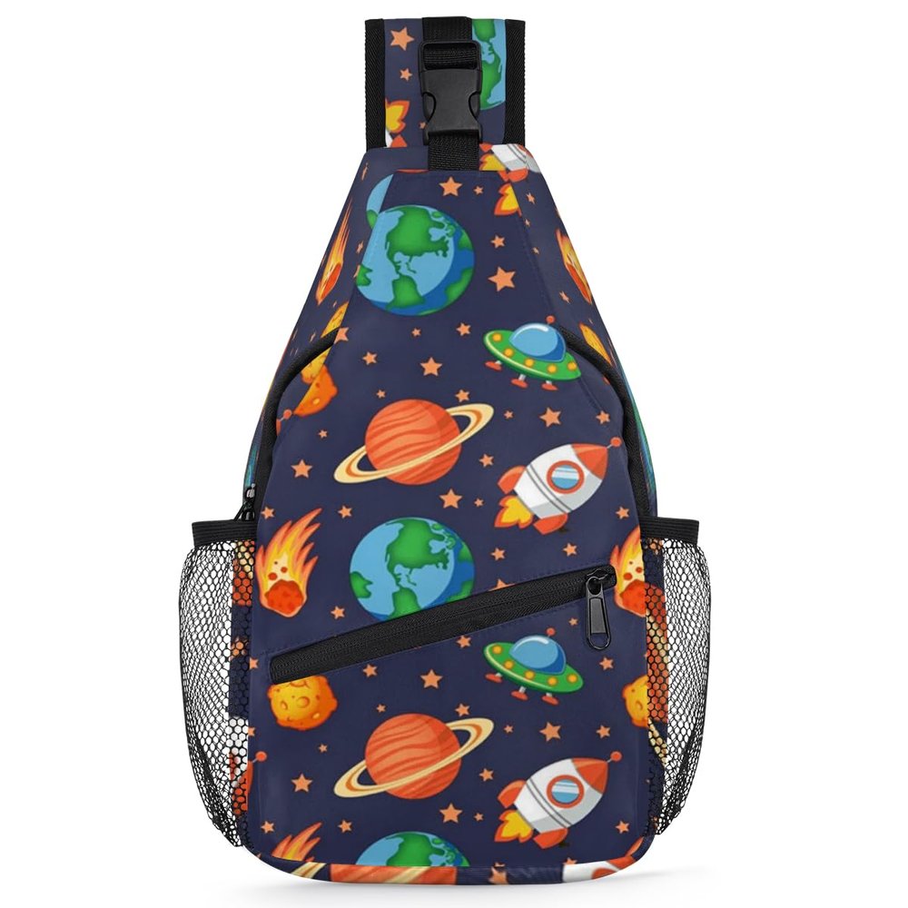 bisibuy Cartoon Space Earth Rocket Star Sling Bag for Women Men Crossbody Sling Backpack Shoulder Bag Chest Bag Daypack for Travel Hiking Outdoor