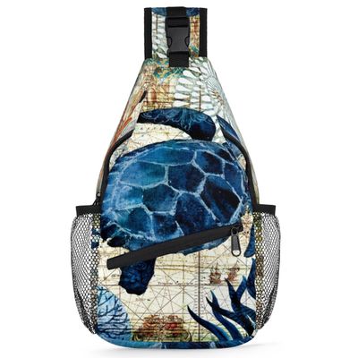 bisibuy Vintage Sea Turtle Sling Bag for Women Men Crossbody Sling Backpack Shoulder Bag Chest Bag Daypack for Travel Hiking Outdoor