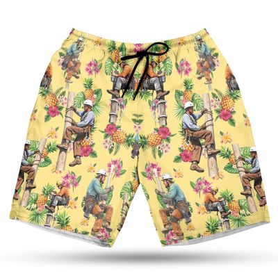 228CLOSET Powerline Worker Men's Swim Trunks - Pineapple Hawaiian Shorts for Men, Men's Summer Bathing Shorts Set 35 Size Size 2XL