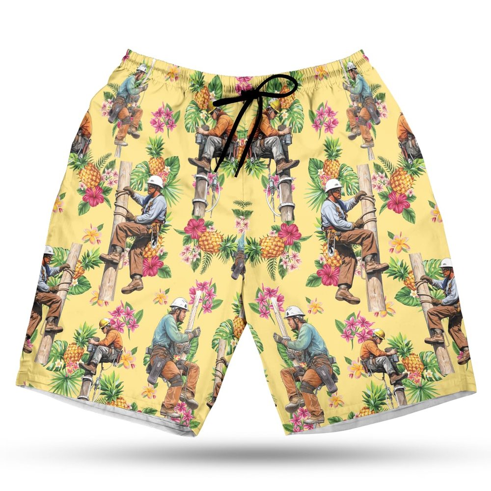 228CLOSET Powerline Worker Men's Swim Trunks - Pineapple Hawaiian Shorts for Men, Men's Summer Bathing Shorts Set 35 Size Size 2XL