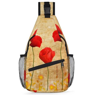 bisibuy Vintage Red Flowers Sling Bag for Women Men Crossbody Sling Backpack Shoulder Bag Chest Bag Daypack for Travel Hiking Outdoor