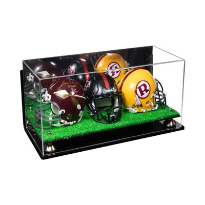 Better Display Cases Acrylic Three Mini - Miniature Football Helmets (not Full Size) Display Case with Mirror Case, Gold Risers, Turf Base and Wall Mount 19.25" x 8.25" x 8" (V47/A103)