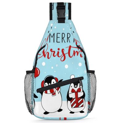 bisibuy Cartoon Penguin Merry Christmas Sling Bag for Women Men Crossbody Sling Backpack Shoulder Bag Chest Bag Daypack for Travel Hiking Outdoor