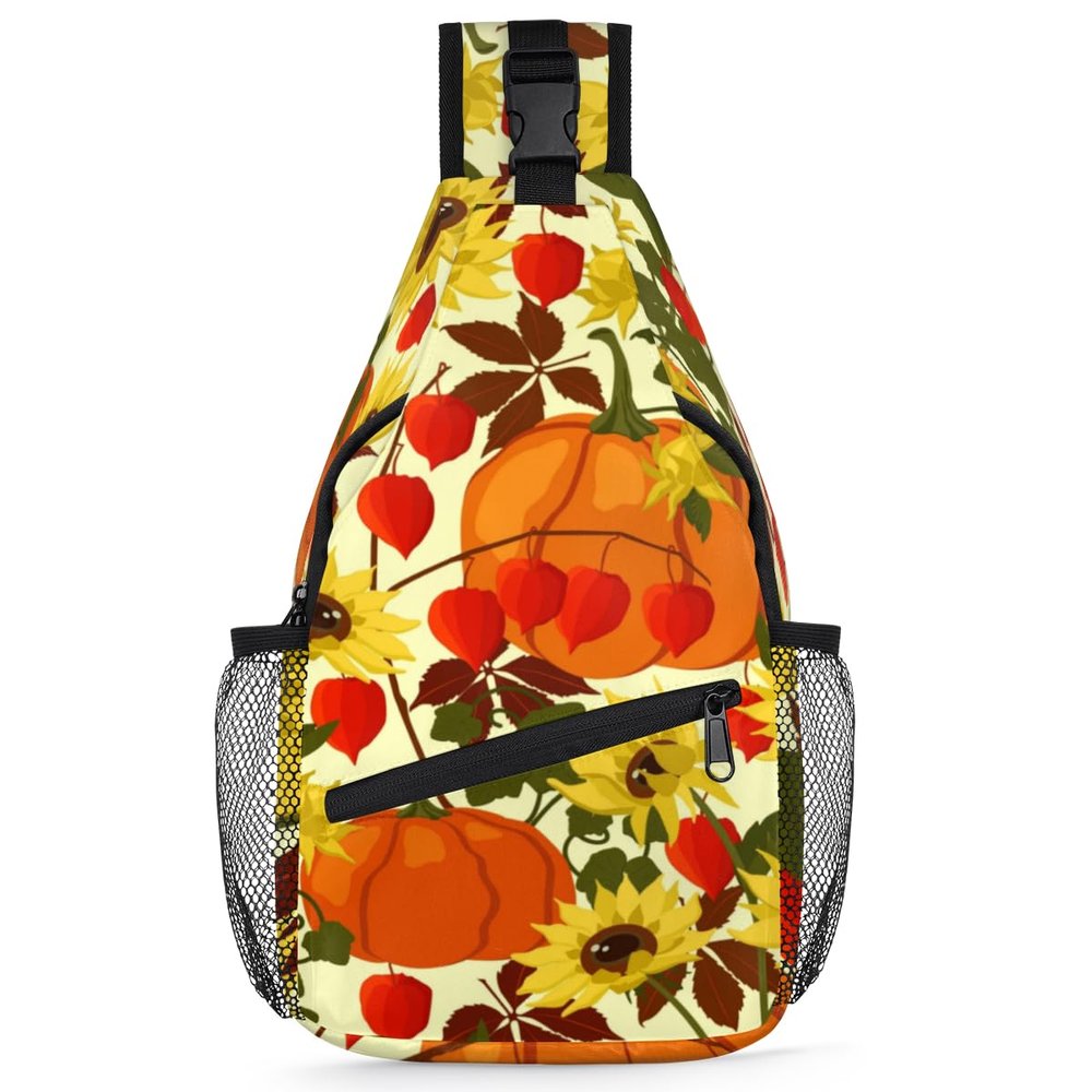 bisibuy Sunflower Pumpkins Autumn Leaves Sling Bag for Women Men Crossbody Sling Backpack Shoulder Bag Chest Bag Daypack for Travel Hiking Outdoor