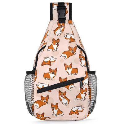 bisibuy Cartoon Corgis Dog Pattern Sling Bag for Women Men Crossbody Sling Backpack Shoulder Bag Chest Bag Daypack for Travel Hiking Outdoor