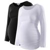 Bhome Maternity Shirt Long Sleeve Basic Top Ruch Sides Bodycon Tshirt for Pregnant Women Black/White L view 1