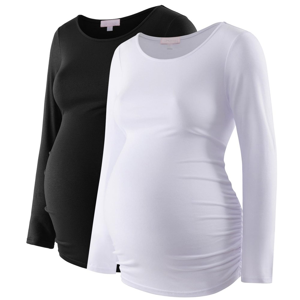 Bhome Maternity Shirt Long Sleeve Basic Top Ruch Sides Bodycon Tshirt for Pregnant Women Black/White M