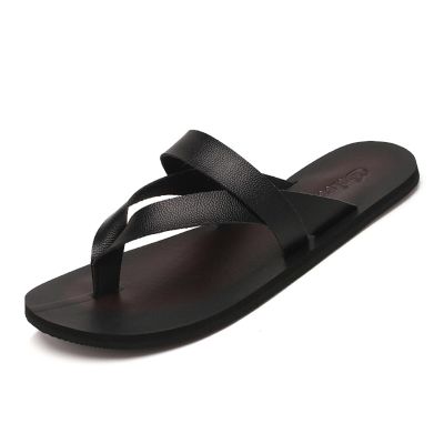 Men's Genuine Leather Flip Flop Sandals with Arch Support (Black,8.5)