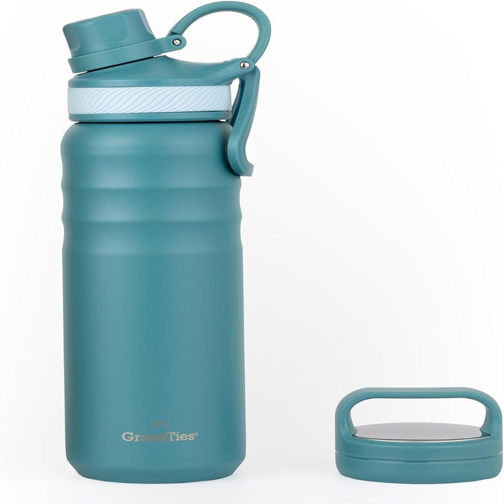 GrandTies 2 Lids Sports Stainless Steel Water Bottles  Wide Mouth Vacuum Insulated Reusable Leak Proof BPA-Free Travel Metal Canteen, Thermal Bottles for Men Women Gym (Atlantis Blue, 24 oz)