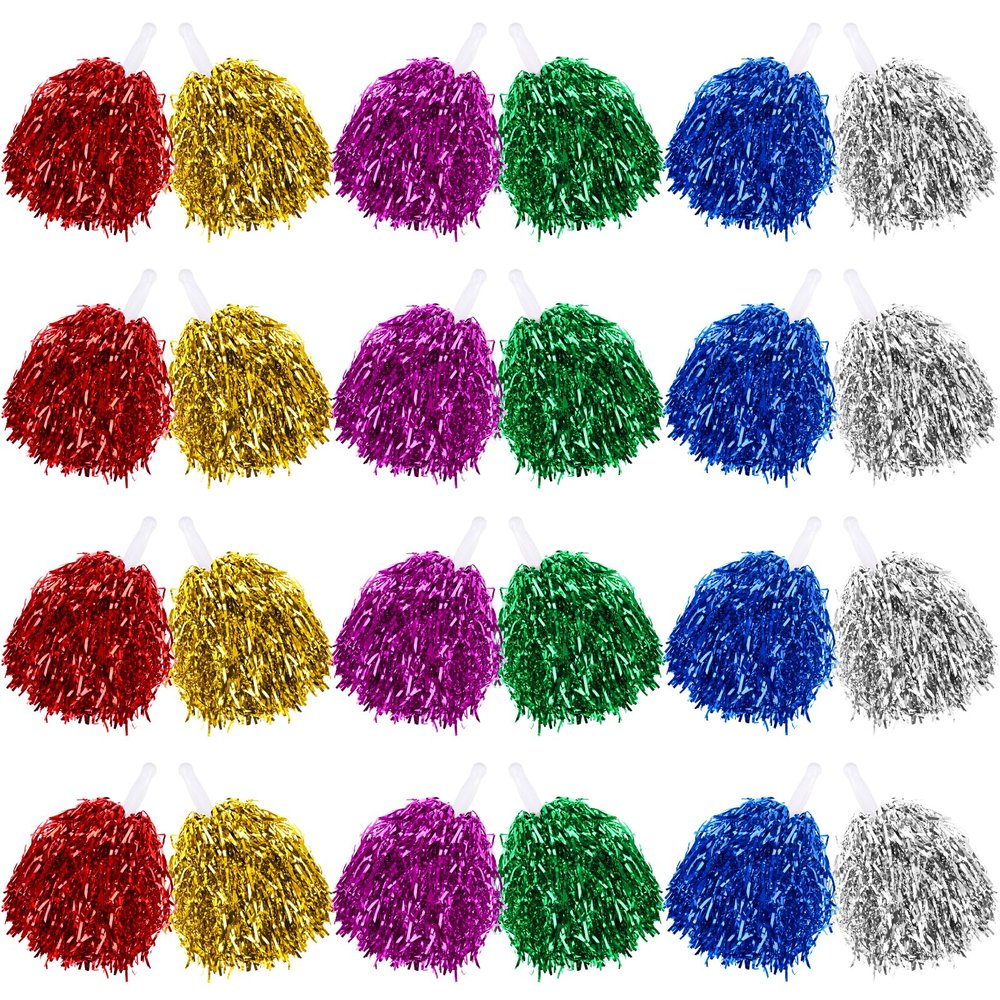 60 Pcs Cheerleading Pom Poms Bulk Colorful Blue Purple Cheerleader Pom Poms Sets Metallic Foil Fun Spirited Cheer Pompoms with Plastic Handles for Kids Adults Sports Match Cheering (Multicolor)