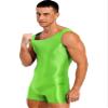 Vxuxlje Men's Glossy Stretchy Wrestling Singlet Bodysuit U Neck Sleeveless Leotard Underwear Fluorescent Green Large view 3
