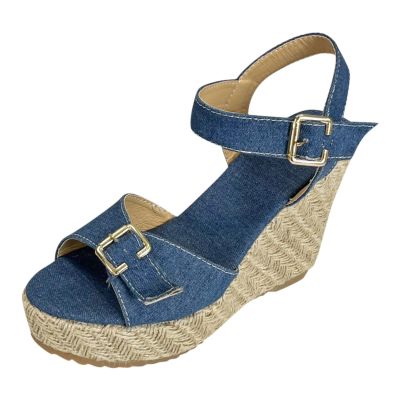 Women Denim Blue Platform Sandals Fashion High Heels for Short Girls Denim Buckle Decor Espadrille Wedge (Blue, 6.5)