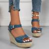 Women Denim Blue Platform Sandals Fashion High Heels for Short Girls Denim Buckle Decor Espadrille Wedge (Blue, 6.5) view 3