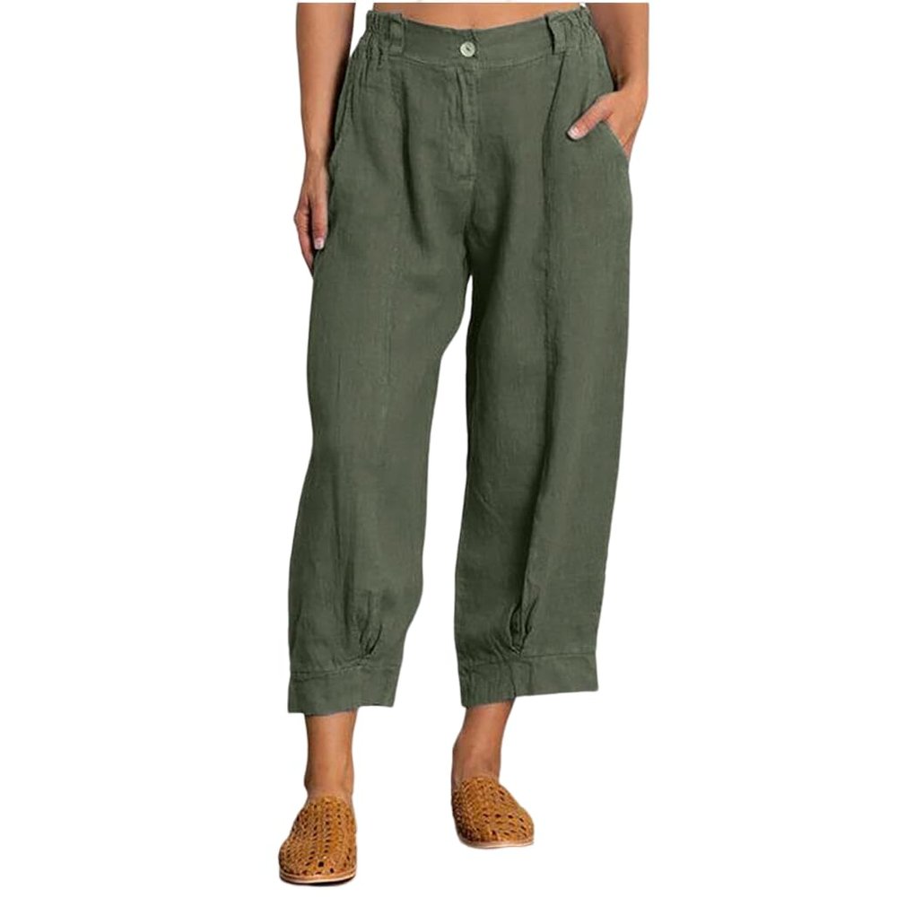 Akivide Womens Linen Baggy Elastic Waist Cropped Pant Loose Casual Comfy Straight Leg Beach Capri Linen Pant with Pockets