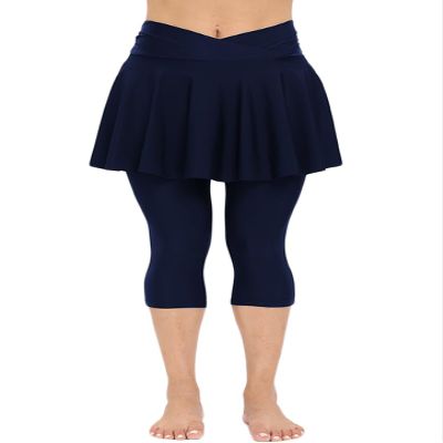 Micosuza Women's Swim Capris Leggings with Skirt Sun Protection Modest Cross High Waist Skirted Swim Pants Navy