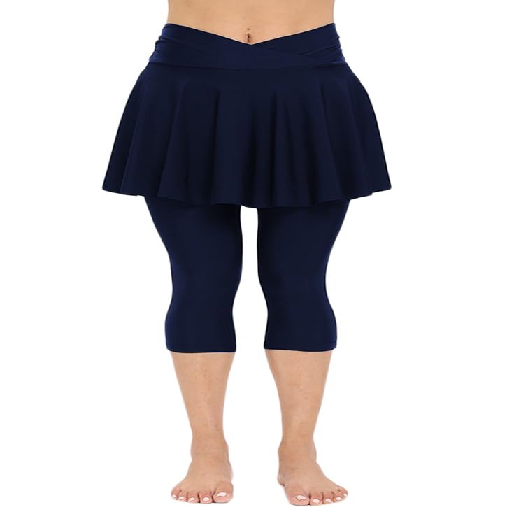 Micosuza Women's Swim Capris Leggings with Skirt Sun Protection Modest Cross High Waist Skirted Swim Pants Navy