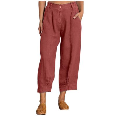 Akivide Womens Linen Baggy Elastic Waist Cropped Pant Loose Casual Comfy Straight Leg Beach Capri Linen Pant with Pockets
