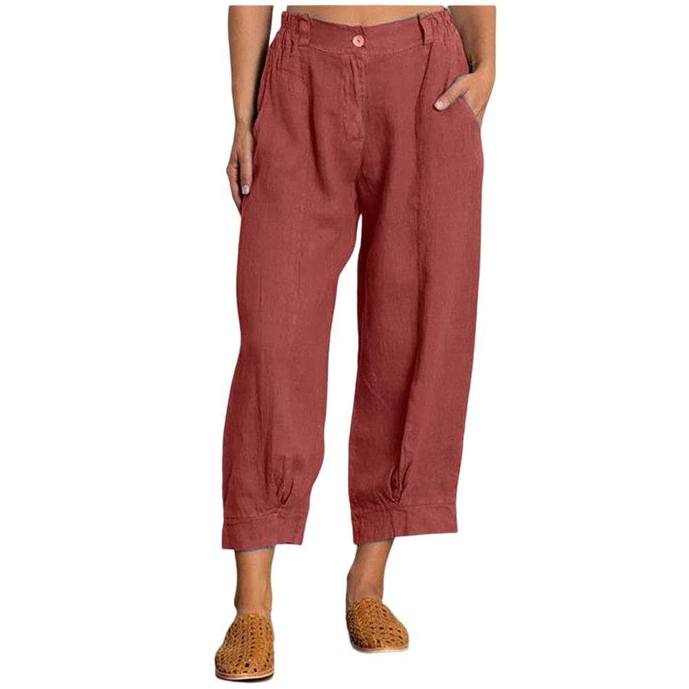 Akivide Womens Linen Baggy Elastic Waist Cropped Pant Loose Casual Comfy Straight Leg Beach Capri Linen Pant with Pockets