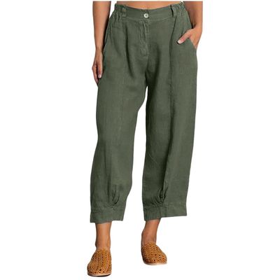 Akivide Womens Linen Baggy Elastic Waist Cropped Pant Loose Casual Comfy Straight Leg Beach Capri Linen Pant with Pockets