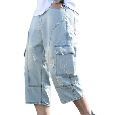 Maiyifu-GJ Men's Ripped Casual Jean Trousers Distressed Loose Straight Cargo Pants Multi-Pocket Hip-Hop Baggy Pants (Blue,28)