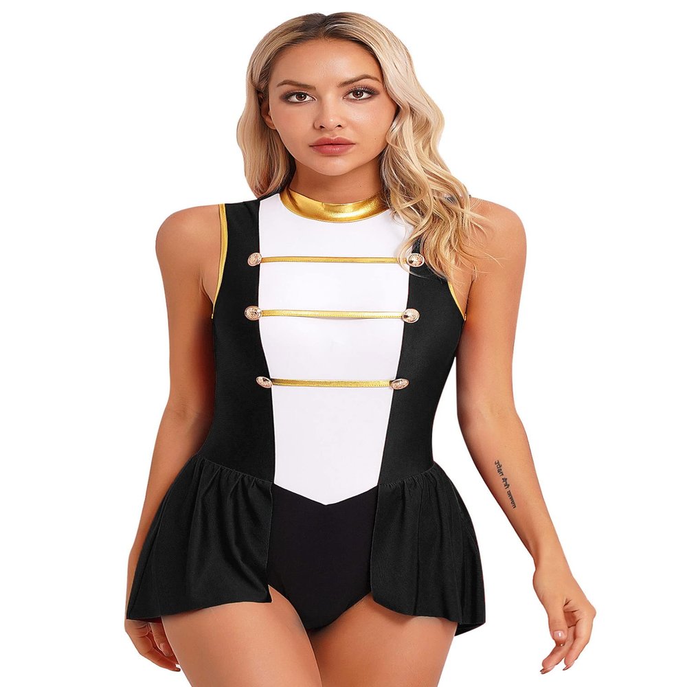 Agoky Women's Circus Ringmaster Cosplay Costume Halloween Showman Jumpsuit Skirted Bodysuit Black Large