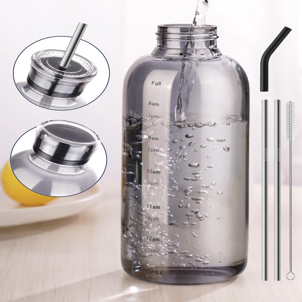 NiHome Glass Water Bottle 25oz/750ml with Two Caps, Stainless-Steel Straw, Brush and Silicone Cover, High Borosilicate Glass for Hot & Cold Beverages, Leak-Proof for Travel, Gym, Office (Smoky Gray)