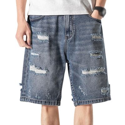 Men's Vintage Streetwear Short Pants with Pockets Casual Straight Loose Denim Shorts Ripped Distressed Jean Shorts (Blue,31)