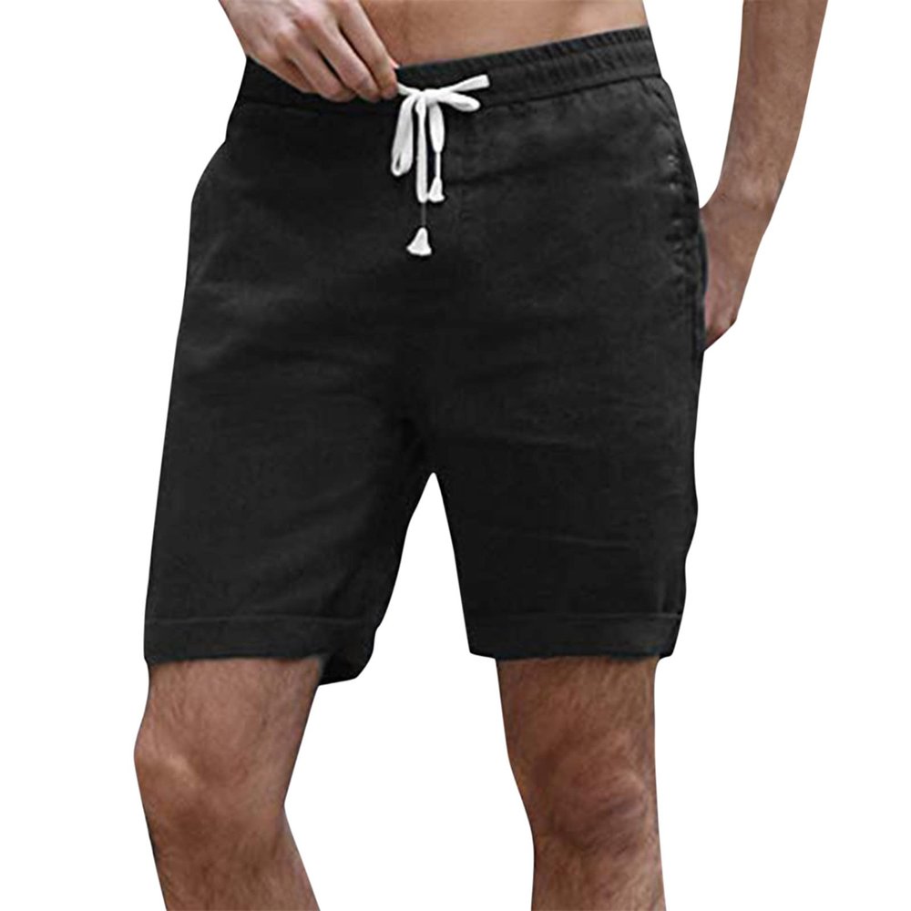 WABEOR Mens Linen Shorts Casual Summer Drawstring Beach Shorts Loose Fit Elastic Waist Shorts with Pockets Cotton Yoga Shorts J-Black