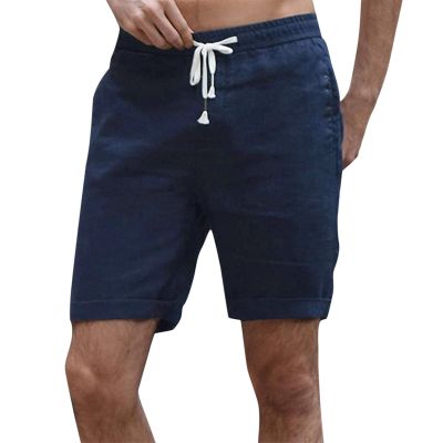 WABEOR Mens Linen Shorts Casual Summer Drawstring Beach Shorts Loose Fit Elastic Waist Shorts with Pockets Cotton Yoga Shorts