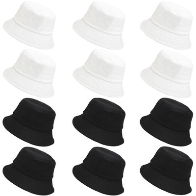 12 Pieces Bucket Hats for Women Summer Beach Fishmen Hat for Lady Adult Unisex Cotton Cap(Black White)