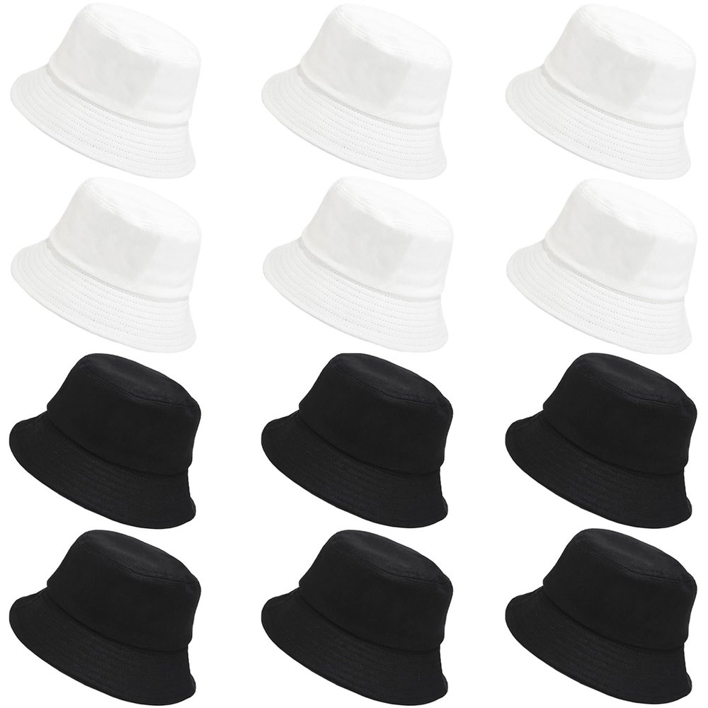 12 Pieces Bucket Hats for Women Summer Beach Fishmen Hat for Lady Adult Unisex Cotton Cap(Black White)