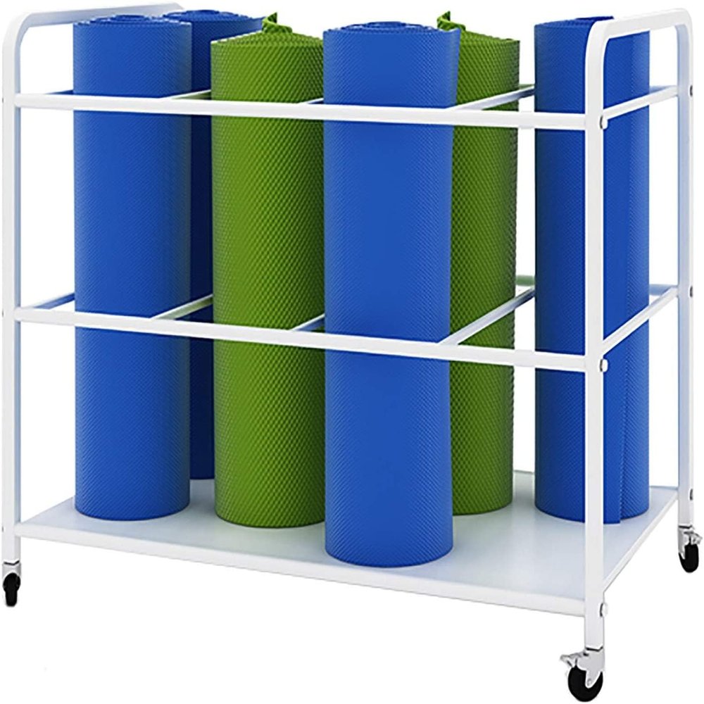 Katzowen Large Yoga Mat Rolling Storage Cart, Heavy Duty Metal Foam Rollers Holder Stand with Wheels, Home Garage Studio Gym, Holds 12 Mats (Color : White)