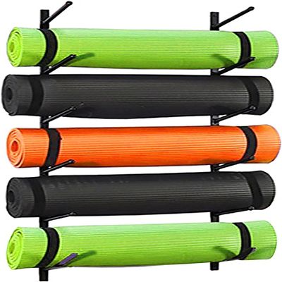 Katzowen Wall Mount Yoga Mat Rack Organizer, Metal Storage Display Holder for Foam Roller/Bathroom Towel/Skateboard (Color : Black)
