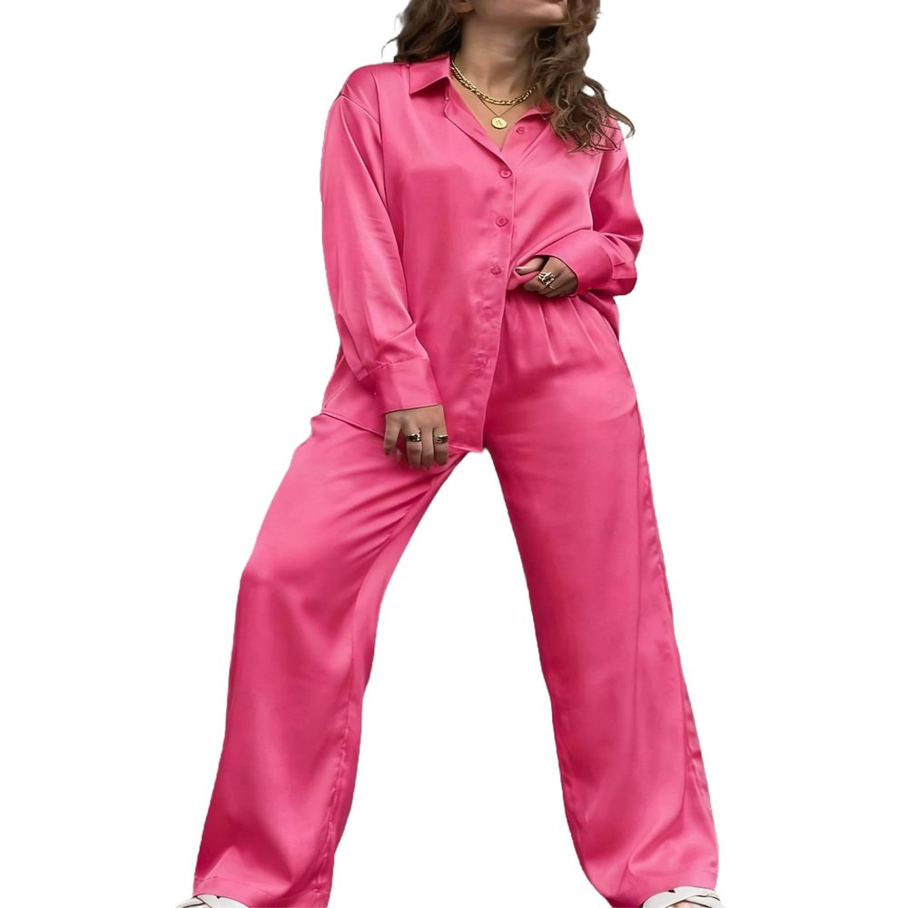Ekouaer Womens 2 Piece Silk Satin Pajama Set Long Sleeve Lounge Sets Button Down Shirts and Pants PJs Soft Sleepwear Sets Rose Red L