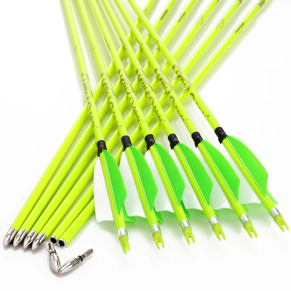 annastar 30" Carbon Feather Arrows Practice Hunting Arrows Spine 300 340 400 500 600 700 800 for Recurve Bow & Compound Bow (12 pcs) (30inch Spine 800, Neon Green)