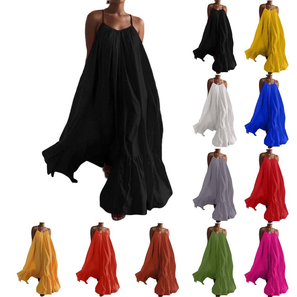 Canbebig Summer Dresses for Women Spaghetti Strap Casual Cute Babydoll Dress Tiered Ruffle Flowy Boho Beach Sundress Plus Size Black