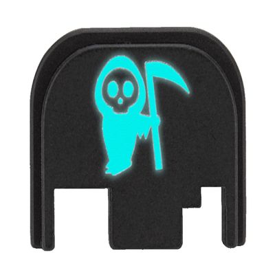 NDZ Performance Glow-in-The-Dark Aluminum Slide Cover Back Plate for Glock Gen 1-4 17 19 20 21 22 23 24 26 27 29 30 31 32 33 34 35 36 37 38 39 40 41 Grim Reaper Baby, Blue Glow
