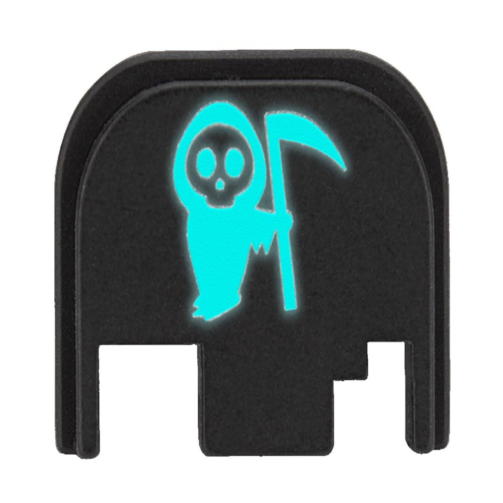 NDZ Performance Glow-in-The-Dark Aluminum Slide Cover Back Plate for Glock Gen 1-4 17 19 20 21 22 23 24 26 27 29 30 31 32 33 34 35 36 37 38 39 40 41  Grim Reaper Baby, Blue Glow