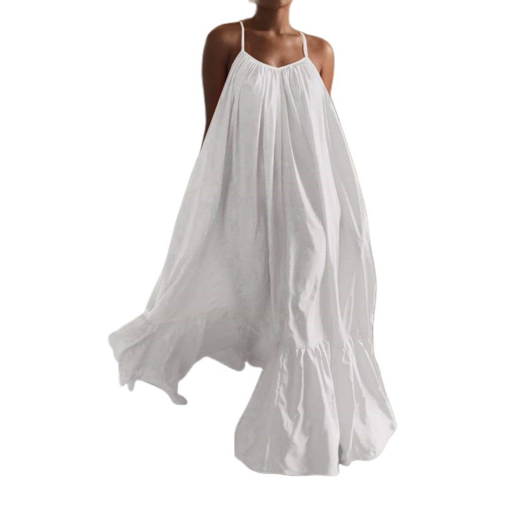 Canbebig Summer Dresses for Women Spaghetti Strap Casual Cute Babydoll Dress Tiered Ruffle Flowy Boho Beach Sundress Plus Size White