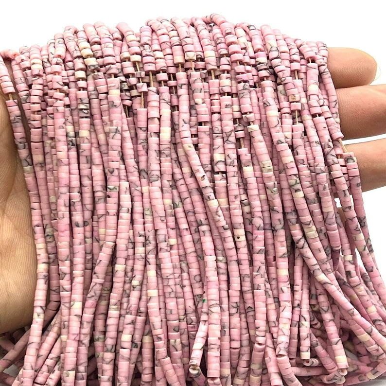 5 Strands of Afghan Tiny Seed Small Heishi Pink Stone Opal String Strand 2.7mm Spacer Loose Tube Pipe Cylinder Beads for Jewelry Making Supplies for Necklace Bracelet Anklet
