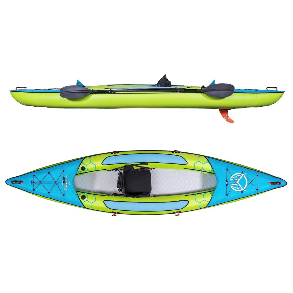 HO Sports Beacon Inflatable Kayak with Hand Pump, Adjustable Paddle & Carry Bag - Ergonomic High-Back Seat with Storage Holder & Built-in Fishing Rod Holder - 450 lbs Max Weight Capacity