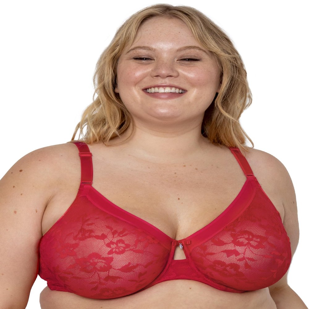 Curvy Couture Women's No Show Lace Unlined Underwire Bra Diva Red 46H