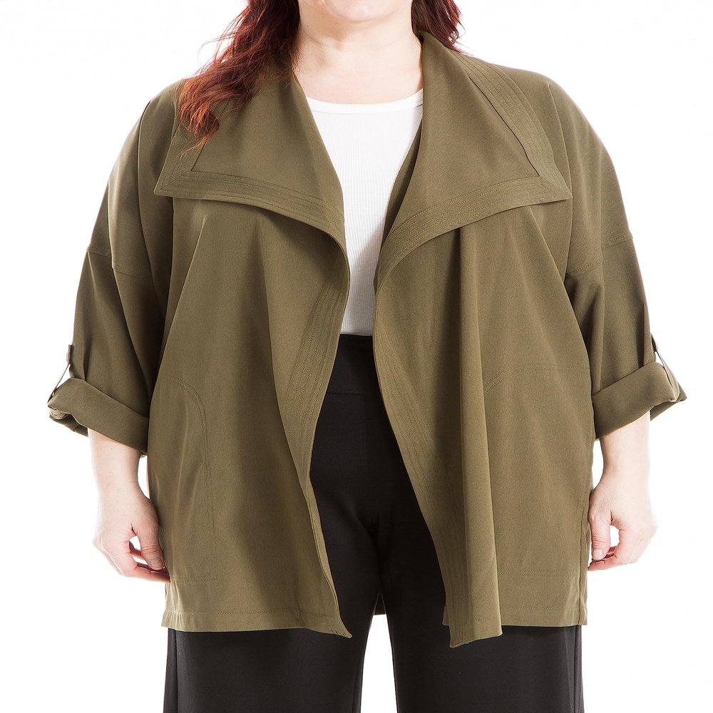 Max Studio Women's Plus Size Twill Long Jacket, Army, 1X