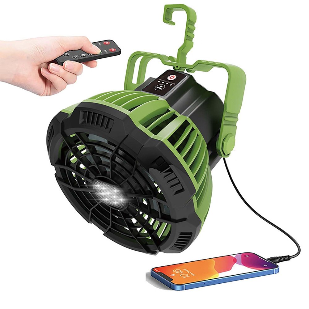 LED Camping Fan Light Outdoor Lantern USB Rechargeable Portable Tent Travel Emergencies Power Bank 5200mAh Electric Ventilator Remote Control,Green,6.6 inch