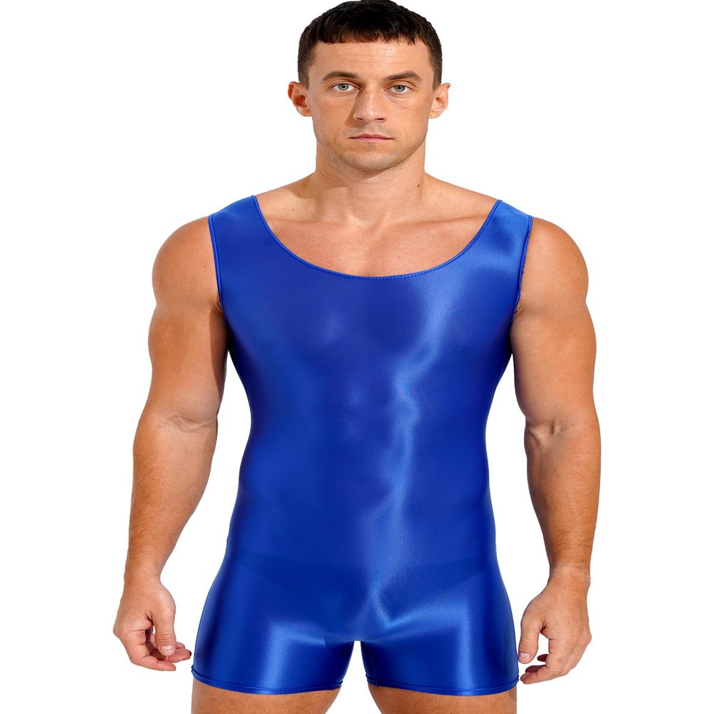 Alvivi Mens Glossy Sleeveless U Neck Tank Leotard Mankini Bodysuit for Bodybuilding Swimming Blue Large