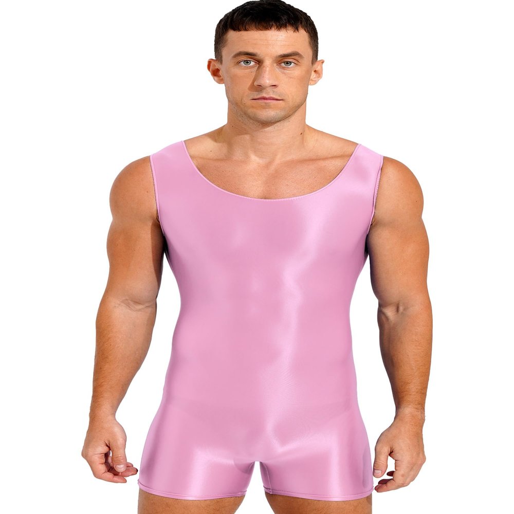 Alvivi Mens Glossy Sleeveless U Neck Tank Leotard Mankini Bodysuit for Bodybuilding Swimming Pink X-Large