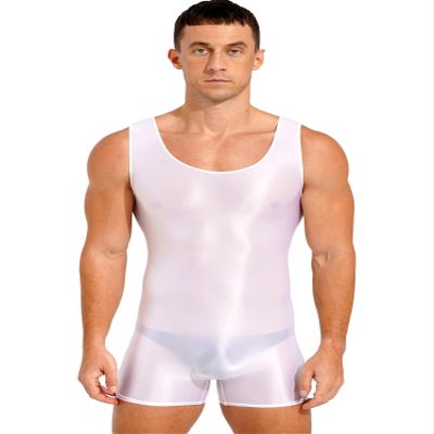 Alvivi Mens Glossy Sleeveless U Neck Tank Leotard Mankini Bodysuit for Bodybuilding Swimming White X-Large