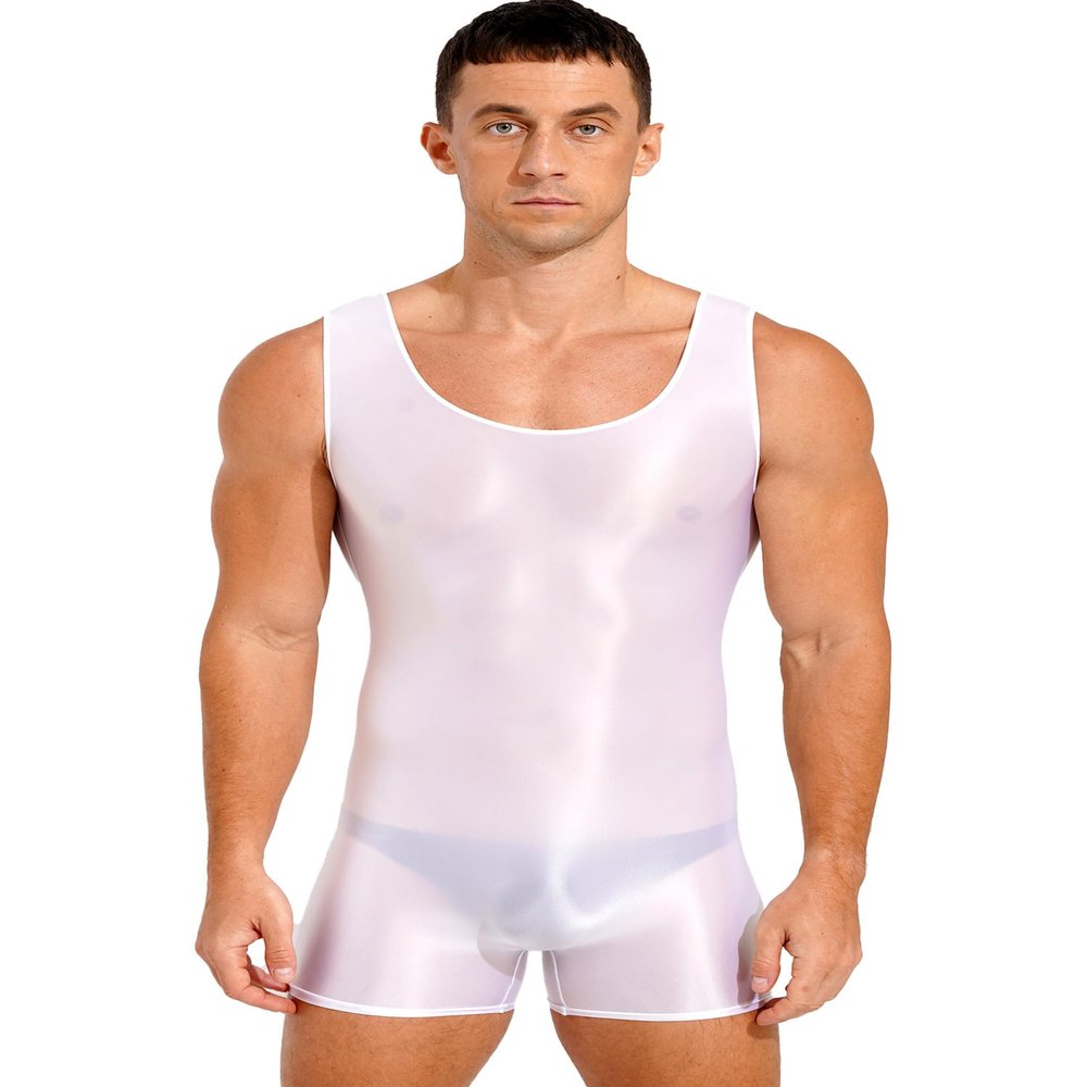 Alvivi Mens Glossy Sleeveless U Neck Tank Leotard Mankini Bodysuit for Bodybuilding Swimming White X-Large